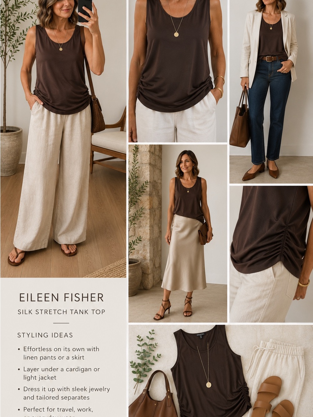 Eileen Fisher Brown Silk Stretch Tank Top XL Ruched Side Hem Sleeveless Shell
